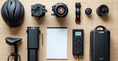 Various electric bicycle parts laid out on a table, representing a buying guide