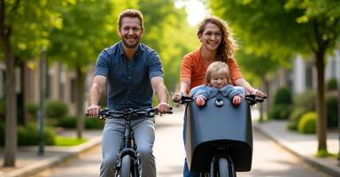 A family riding an electric cargo bike down a street in Portland, smiling