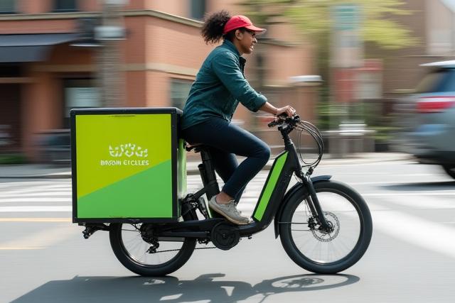 Electric cargo bike with a large delivery box, ridden by a delivery person in an urban setting
